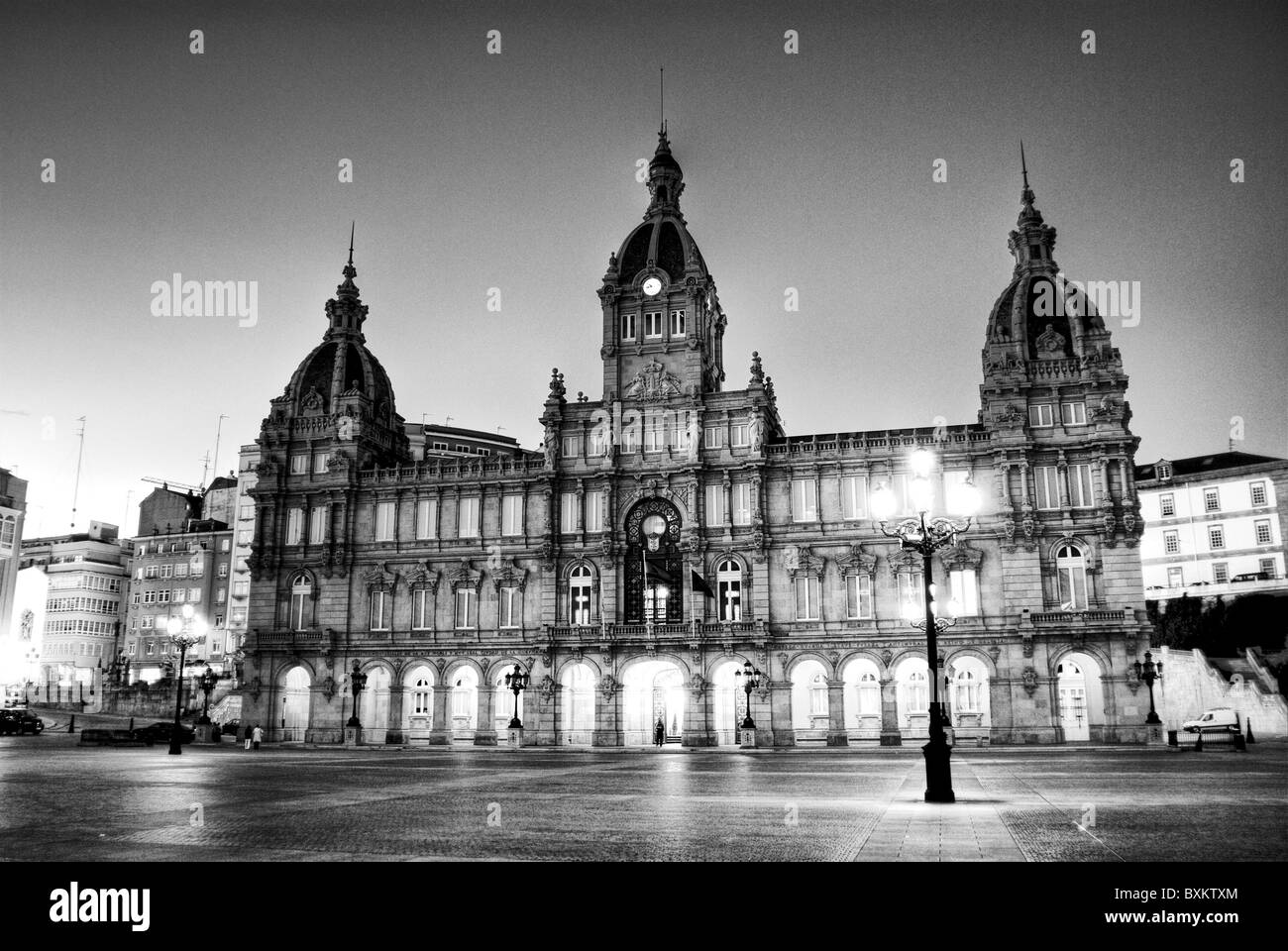 Night shot of the city government building in La Coruna, Spain. Stock Photo