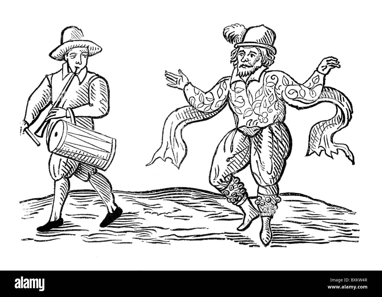 William Kemp Dancing the Morris from Kemp's 'Nine Daies Wonder', 1600; Black and White Illustration; Stock Photo