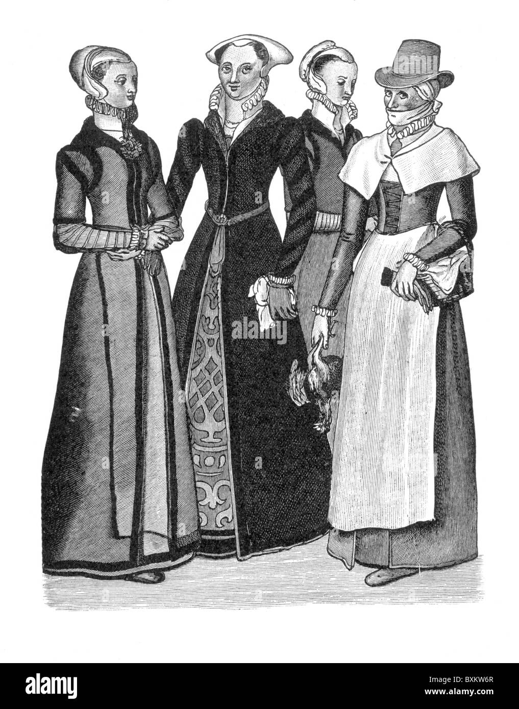 Costumes of Burgher-Women and a Country Woman; 16th century; Black and White Illustration; Stock Photo