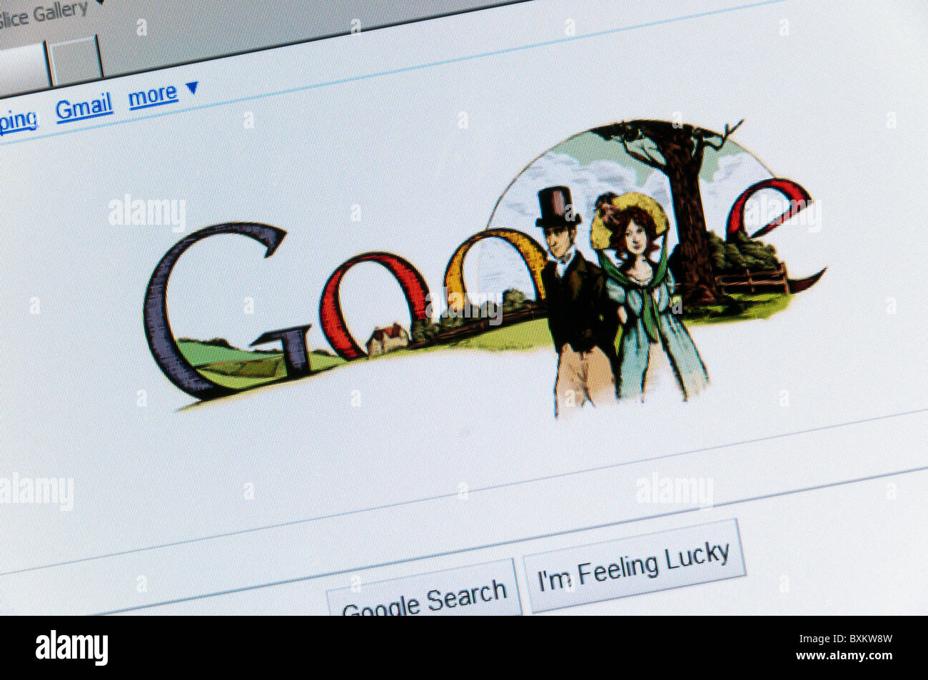 The Google search engine web site front page celebrating Jane Austen's 235th Birthday Stock Photo
