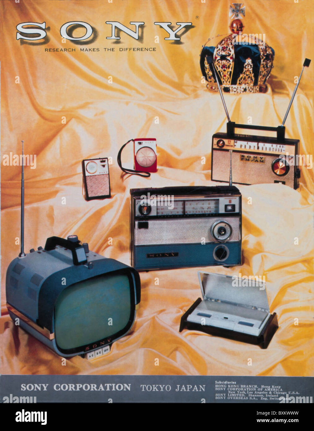 broadcast, radio, television, Sony, advertising for portable transistor devices, Japan, 1960, 1960s, 60s, 20th century, historic, historical, television set, TV set, TV, television sets, TV sets, TVs, radio set, radio, radio sets, radios, first portable transistor television set in the world, Sony TV from 1959, home electronics, consumer electronics, entertainment electronics, home entertainment, Made in Japan, Additional-Rights-Clearences-Not Available Stock Photo