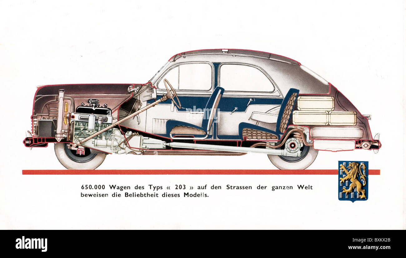 transport / transportation, car, vehicle variants, Peugeot Modell Berline  Luxe 203, cross section inner room, engine, France, 1958, 1950s, 50s, 20th  century, historic, historical, car body, vehicle body, body, bodywork, car  bodies,