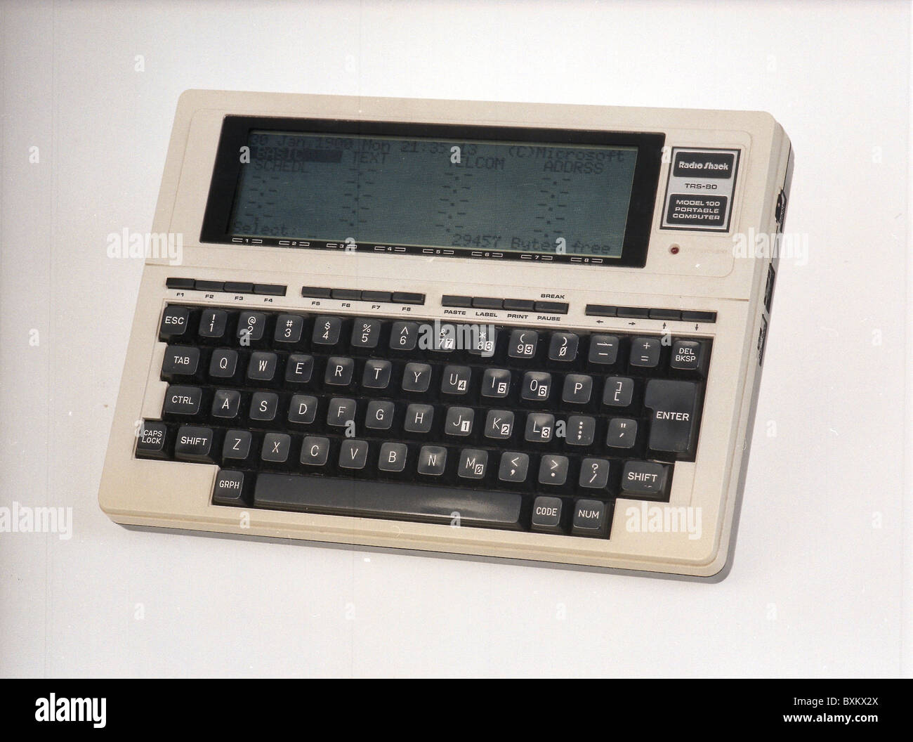 computing / electronics, portable computer, Tandy Radio Shack, TRS 80 type  100, early notebook, USA, 1983, processor 80C85 with 2,4 MHz, Microsoft  operating system, with integrated Basic, implemented software: Word,  timeplaner, database,