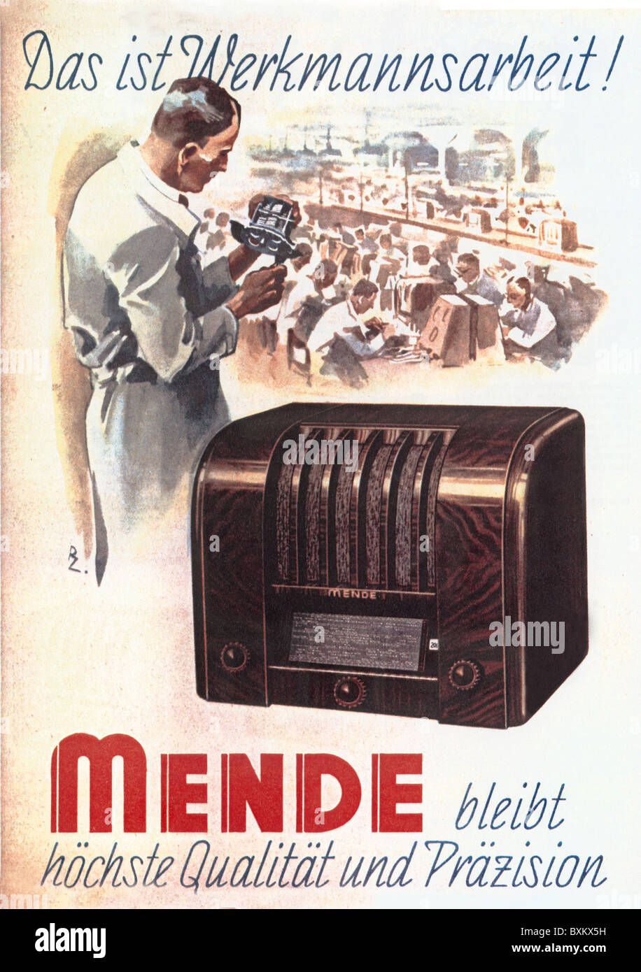 broadcast, radio, Mende Gross-Super 355, radio set, Germany, 1935, technic, technics, historic, historical, 1930s, 30s, 20th century, receiving set, receiver, wooden case, original price: 355 DM, slogan, advertising, quality, production, Made in Germany, technician, component, people, Additional-Rights-Clearences-Not Available Stock Photo