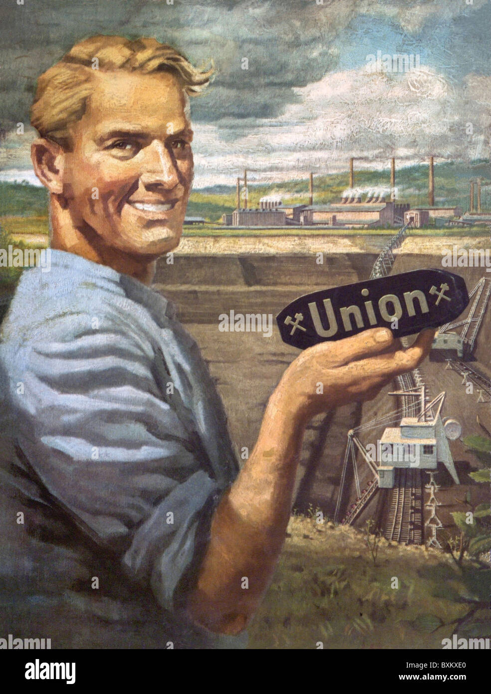 industry, mining, brown coal strip mine, Union briquette, Lausitz, poster, Germany, circa 1929, Additional-Rights-Clearences-Not Available Stock Photo