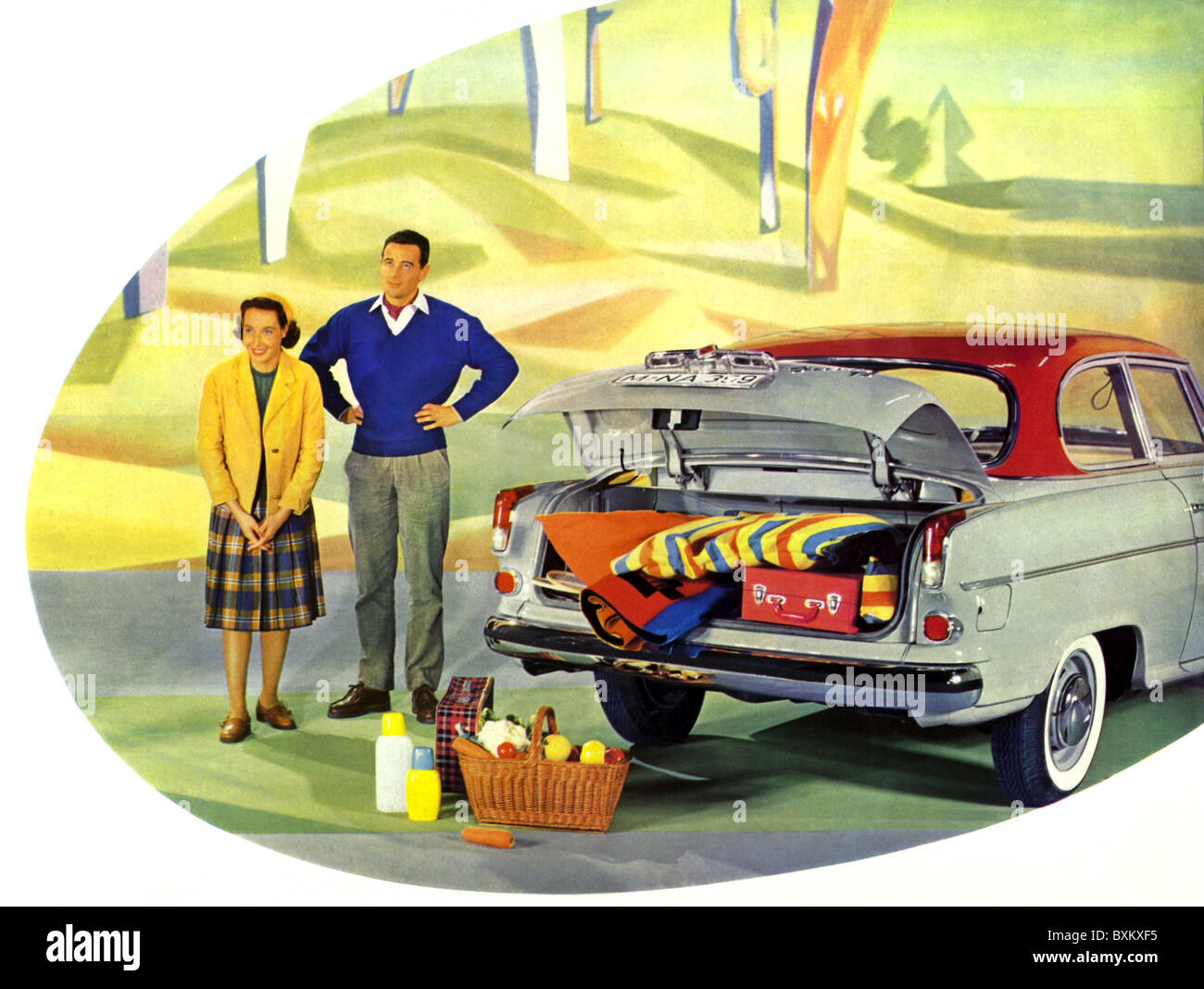 tourism, married couple stow baggage, in boot, Germany, 1959, Additional-Rights-Clearences-Not Available Stock Photo