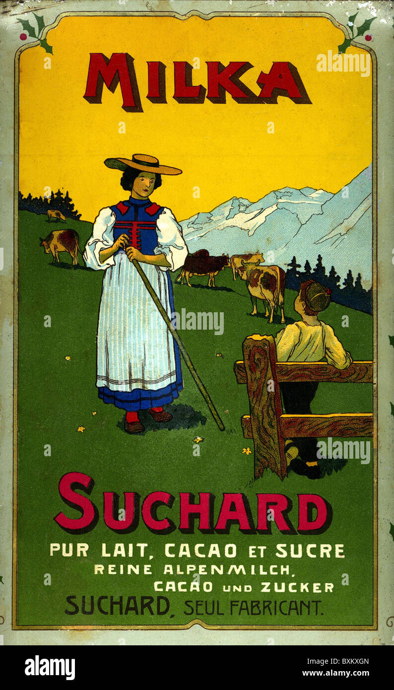 advertising, chocolate, Suchard storage box of Milka chocolate, dairymaid in traditional costume on Alpine pasture land, Switzerland, circa 1905, Additional-Rights-Clearences-Not Available Stock Photo