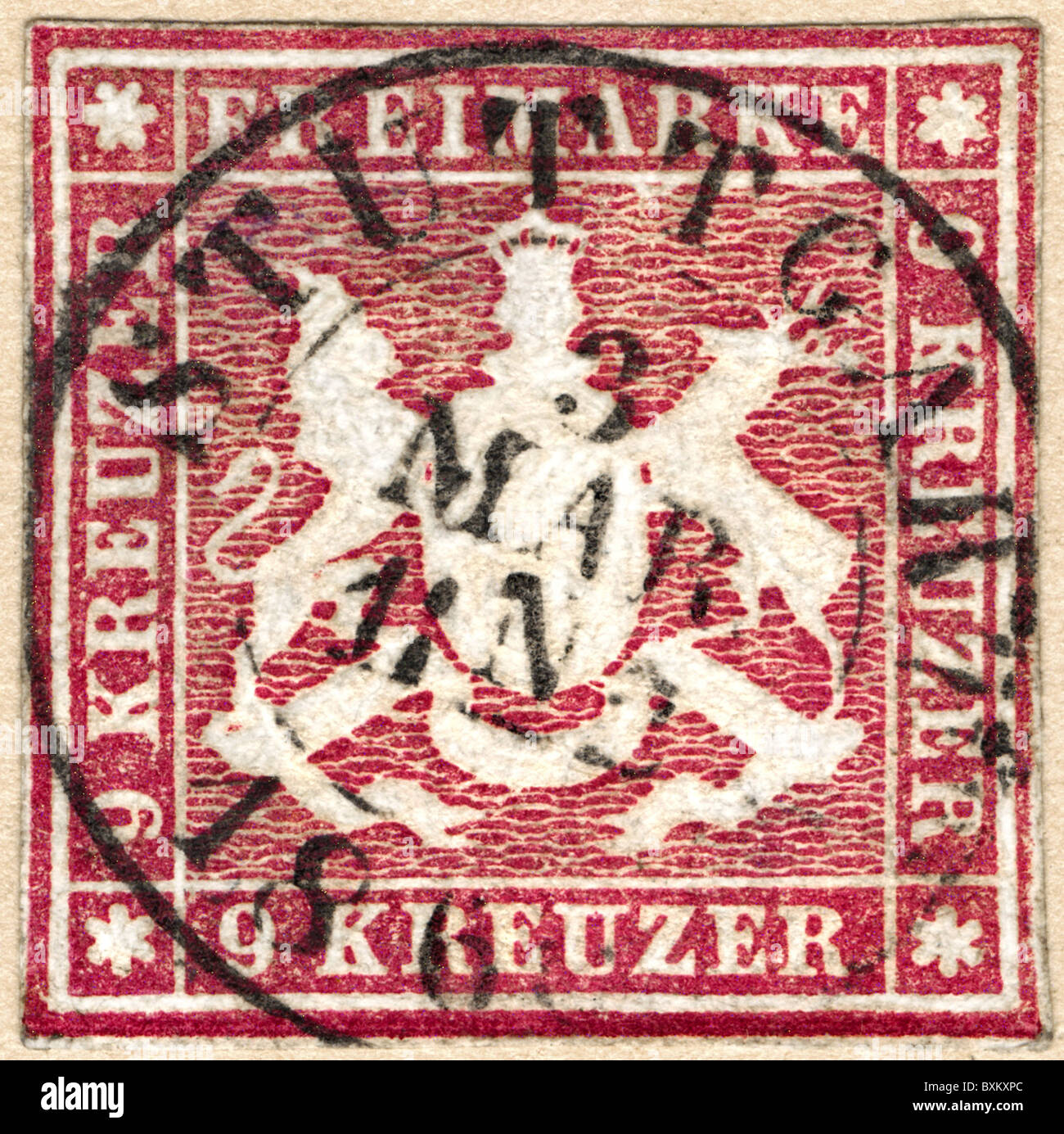 stamps, Germany, Wuerttemberg, kingdom, postage stamp, 9 Kreuzer, stamped, Stuttgart, 3.3.1860, Additional-Rights-Clearences-Not Available Stock Photo