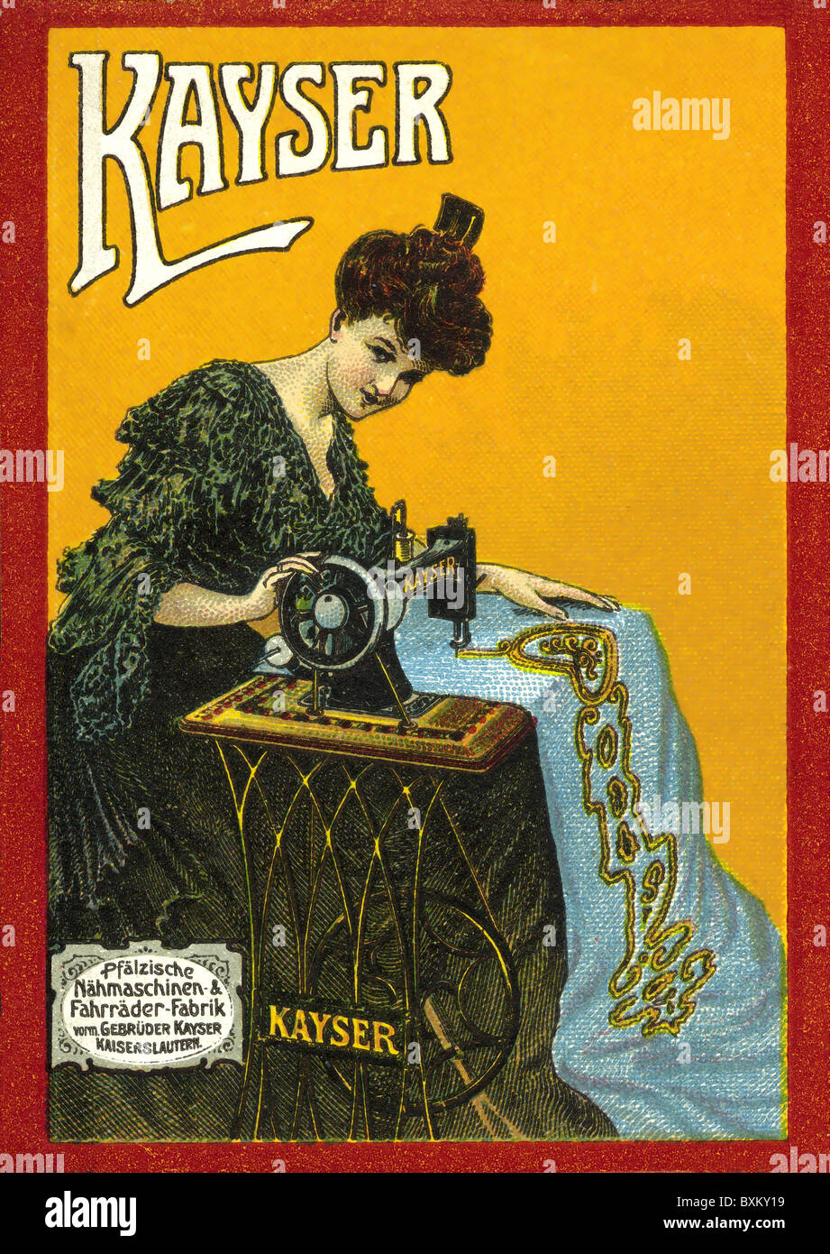 advertising, household appliance, Pfälzische Nähmaschinen and Fahhrraeder-Fabrik, former Kayser Brothers, Kaiserslautern, Germany, circa 1908, Additional-Rights-Clearences-Not Available Stock Photo