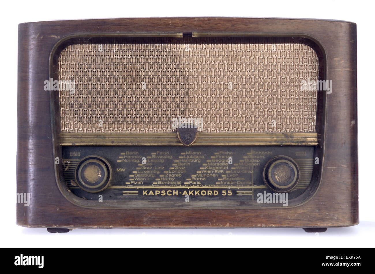 broadcast, radio set, Kapsch Akkord 55, Austria, 1954, dirty, defect, e-waste, electronic, technics, Austrian, design, Gelsenkirchen Baroque, front panel, 1950s, 50s, 20th century, historic, historical, clipping, cut out, cut-out, cut-outs, nostalgia, Additional-Rights-Clearences-Not Available Stock Photo