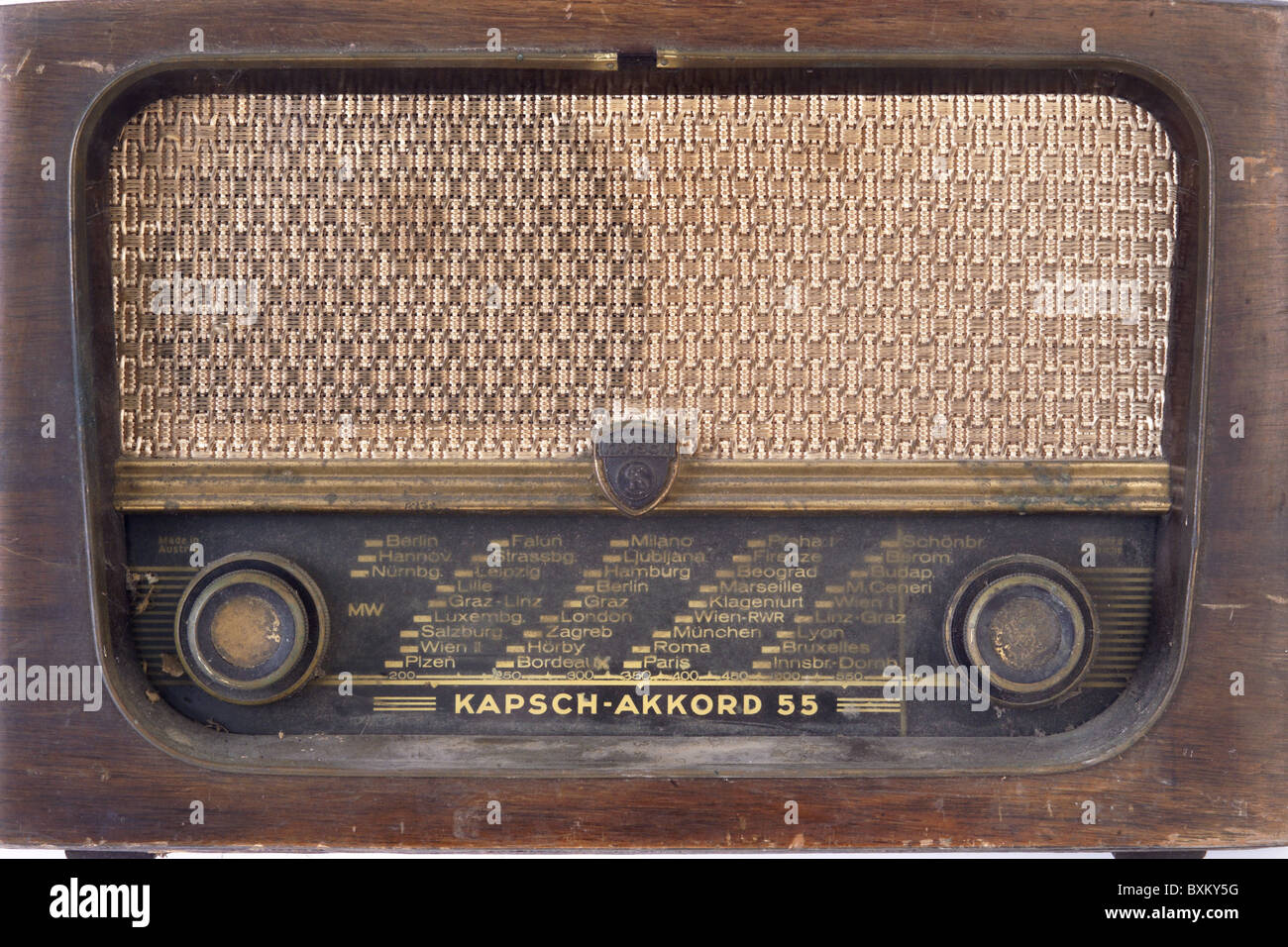 broadcast, radio set, Kapsch Akkord 55, Austria, 1954, dirty, defect,  e-waste, electronic, technics, Austrian, design, Gelsenkirchen Baroque,  front panel, 1950s, 50s, 20th century, historic, historical,  Additional-Rights-Clearences-Not Available Stock ...