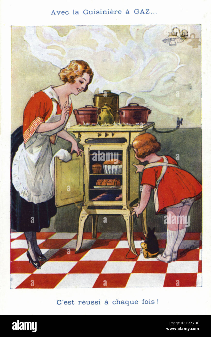 household, kitchen, mother and daughter baking cake with baking oven, advertisement, France, circa 1910, Additional-Rights-Clearences-Not Available Stock Photo