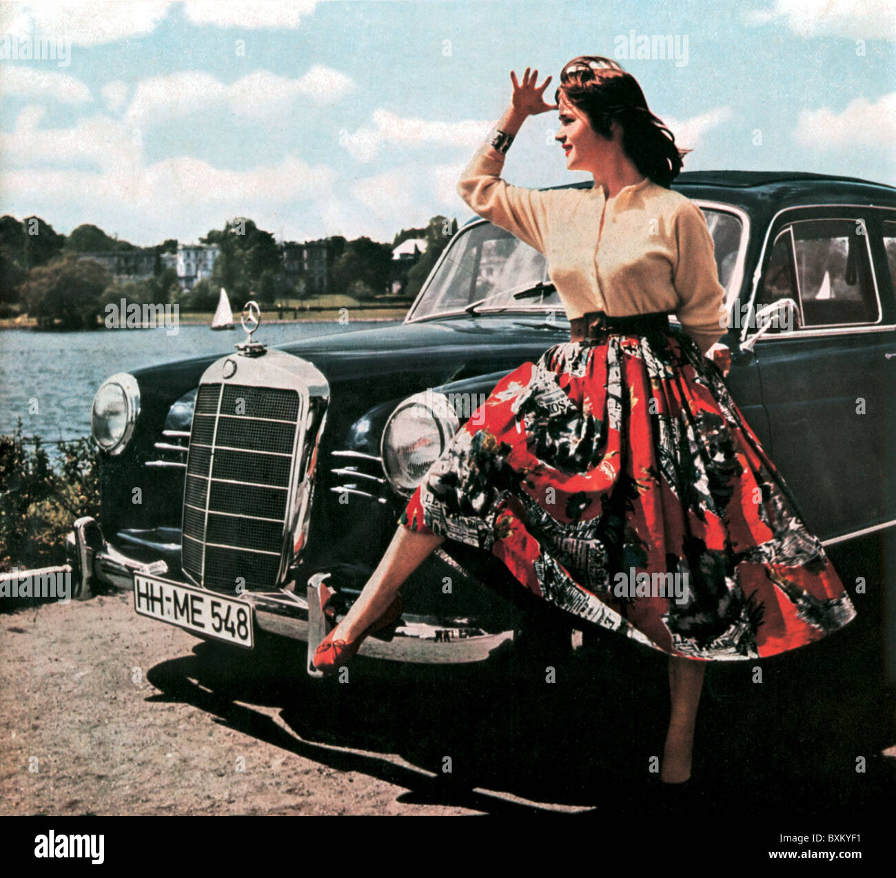 transport / transportation, car, vehicle variants, Mercedes 190, Ponton Form, woman leaning at car bonnet, Hamburg, Germany, circa 1958, 1950s, 50s, 20th century, historic, historical, skirt, skirts, pose, posing, car, cars, automobile, automobiles, economic miracle, economic miracles, fashion, people, women, female, Additional-Rights-Clearences-Not Available Stock Photo