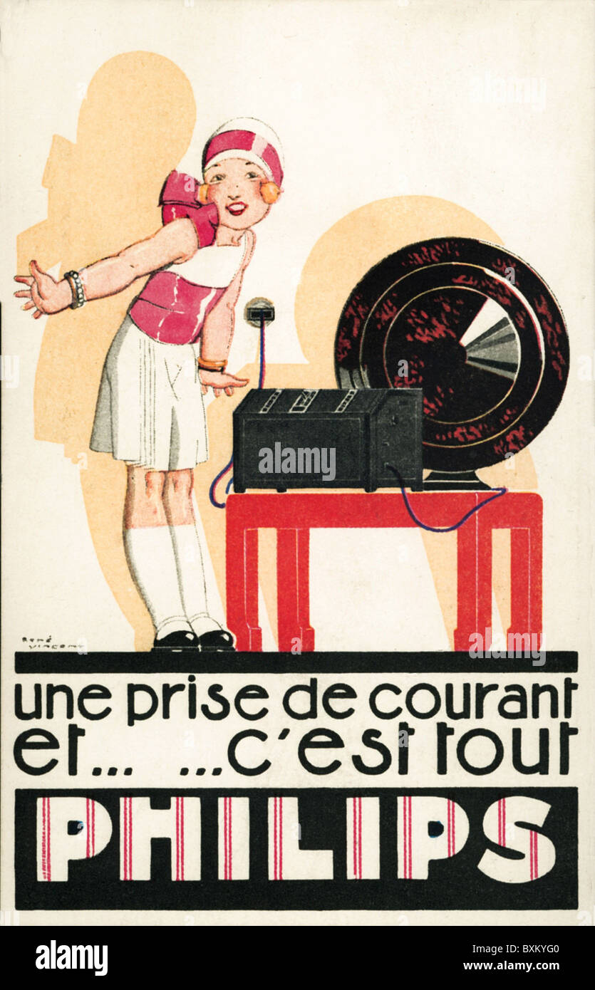 broadcast, radio, girl with radio and loudspeaker, advertising for Philips, France, 1930, Additional-Rights-Clearences-Not Available Stock Photo