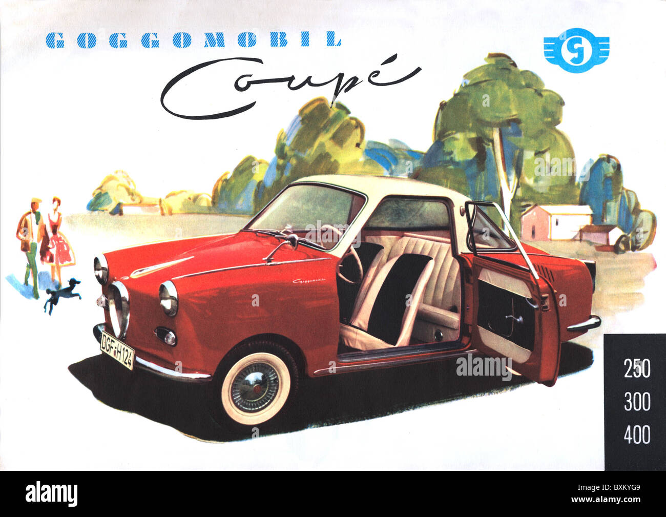 transport / transportation, car, vehicle variants, Goggomobil Coupe TS 400, made by Hans Glas GmbH, Dingolfing, Bavaria, Upper Bavaria, Germany, 1956, 1950s, 50s, 20th century, historic, historical, German, small car, Goggo, four-seater, four-seaters, two-cylinder engine, two-cylinder engines, economic miracle, economic miracles, excursion, outing, short trip, excursions, outings, short trips, people, Additional-Rights-Clearences-Not Available Stock Photo