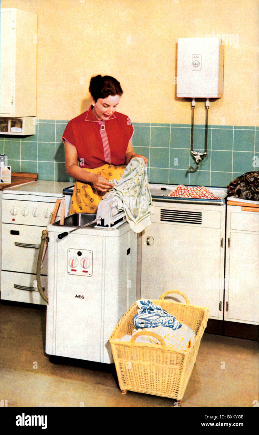 household, washing, housewife with AEG washing machine in kitchen, Germany, 1956, Additional-Rights-Clearences-Not Available Stock Photo