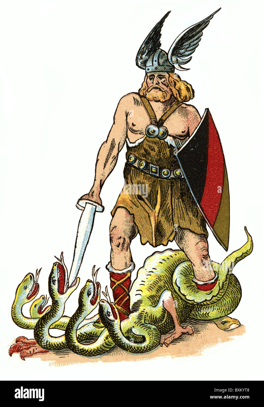 Siegfried, German legendary figure, full length, killing dragons, lithograph, Germany, circa 1900, Stock Photo