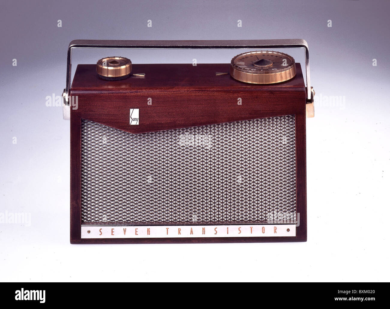broadcast, radio sets, Sony TR-72, Japan, circa 1956, communications, technic, technics, historic, historical, 1950s, 50s, 20th century, wooden case, loudspeaker, loud speaker, old company sign, logo, portable, transistor, Made in Japan, Japanese, audio, radio set, Los collection, studio shot, Additional-Rights-Clearences-Not Available Stock Photo