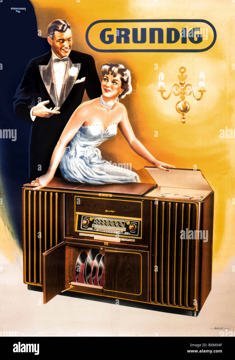 broadcast, radio, radio set Grundig Konzertschrank 8040 W with record player and tape recorder, advertising poster, Germany, 1953, Additional-Rights-Clearences-Not Available Stock Photo
