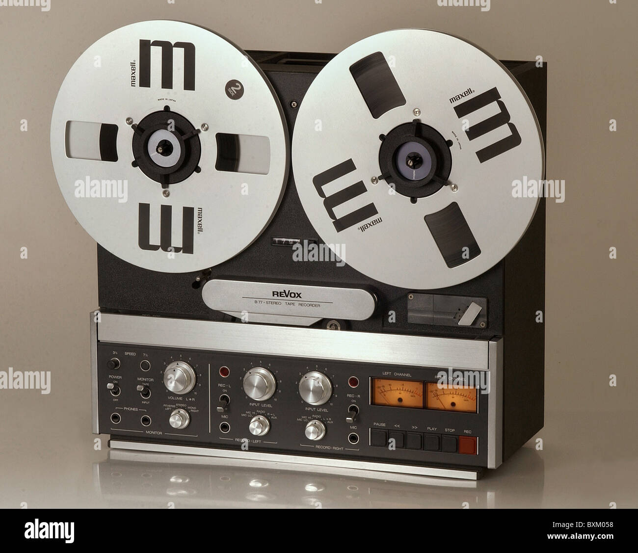 technics, tape recorder, Revox B77, made by Willi Studer AG, Regensdorf-Zurich, Switzerland, 1978, tape recorders, 1970s, 70s, 20th century, historic, historical, technic, electronics, magnetic tapes, Maxell tapes, weight: 17 kilogram, recording device, devices, audio, machine, Additional-Rights-Clearences-Not Available Stock Photo
