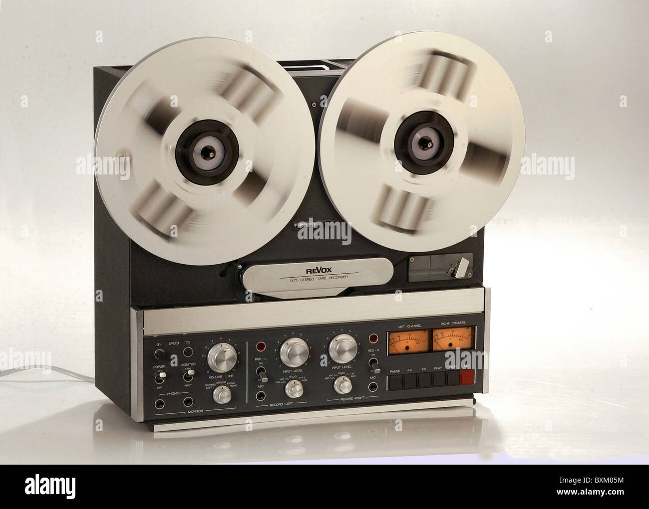 technics, tape recorder, Revox B77, made by Willi Studer AG, Regensdorf-Zurich, Switzerland, 1978, tape recorders, 1970s, 70s, 20th century, historic, historical, technic, electronics, magnetic tapes, Maxell tapes, weight: 17 kilogram, recording device, devices, audio, studio shot, B 77, B-77, Additional-Rights-Clearences-Not Available Stock Photo