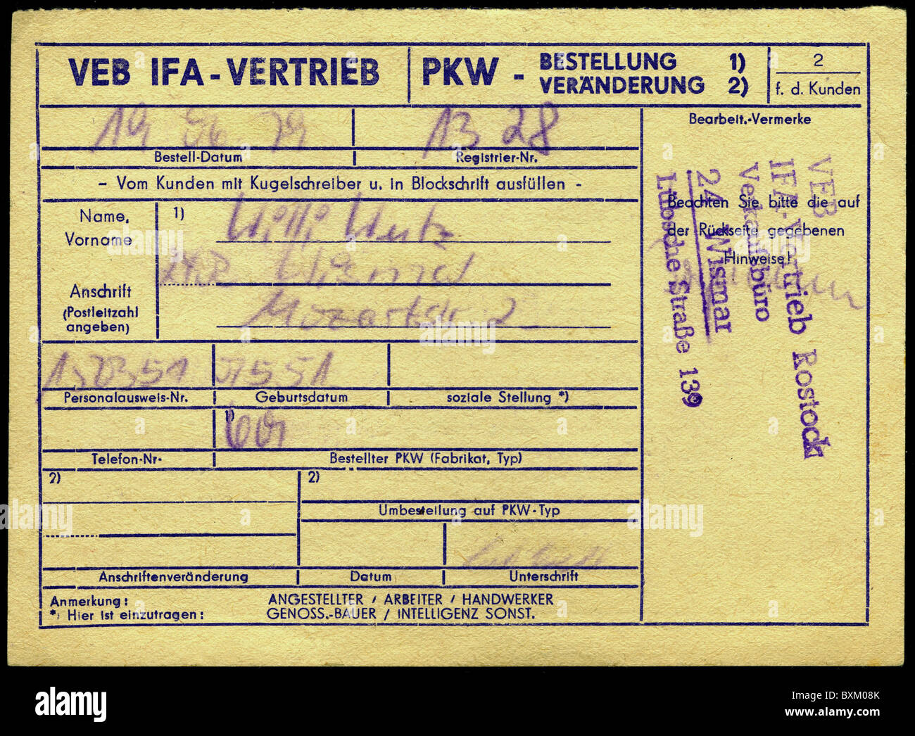documents, registration form for Trabant 601 car, VEB IFA-Vertrieb Rostock, East-Germany, 1979, Additional-Rights-Clearences-Not Available Stock Photo
