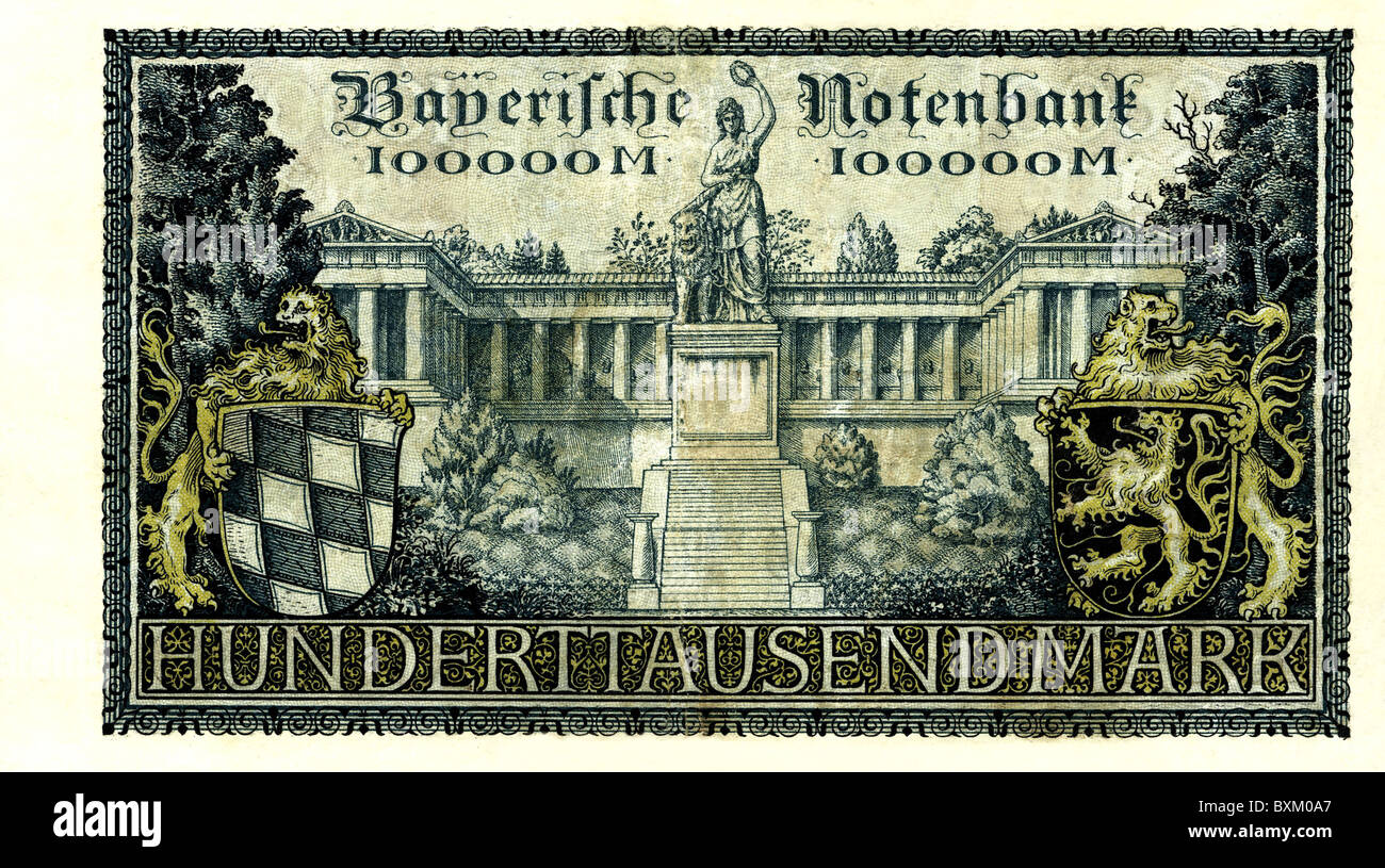 money / finance, inflation, bank notes, Germany, 100.000 Mark, Bavaria, June 1923, Additional-Rights-Clearences-Not Available Stock Photo