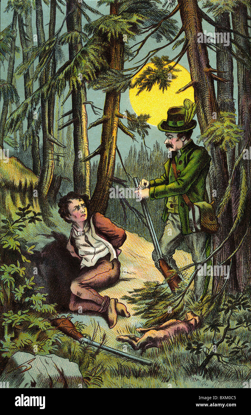 hunting, poacher, hunter captures poacher, lithograph, Germany, 1888, Additional-Rights-Clearences-Not Available Stock Photo