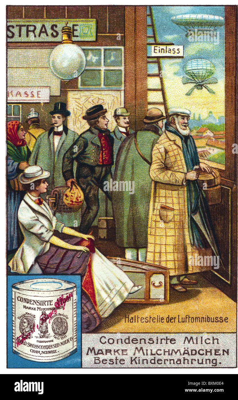 transport / transportation, aviation, future, stop of the air motor coaches, historical science fiction of a airport, passengers waiting for departure, collection card of the Nestle and Anglo-Swiss Condensed Milk Co., Cham, Switzerland, circa 1903, Additional-Rights-Clearences-Not Available Stock Photo