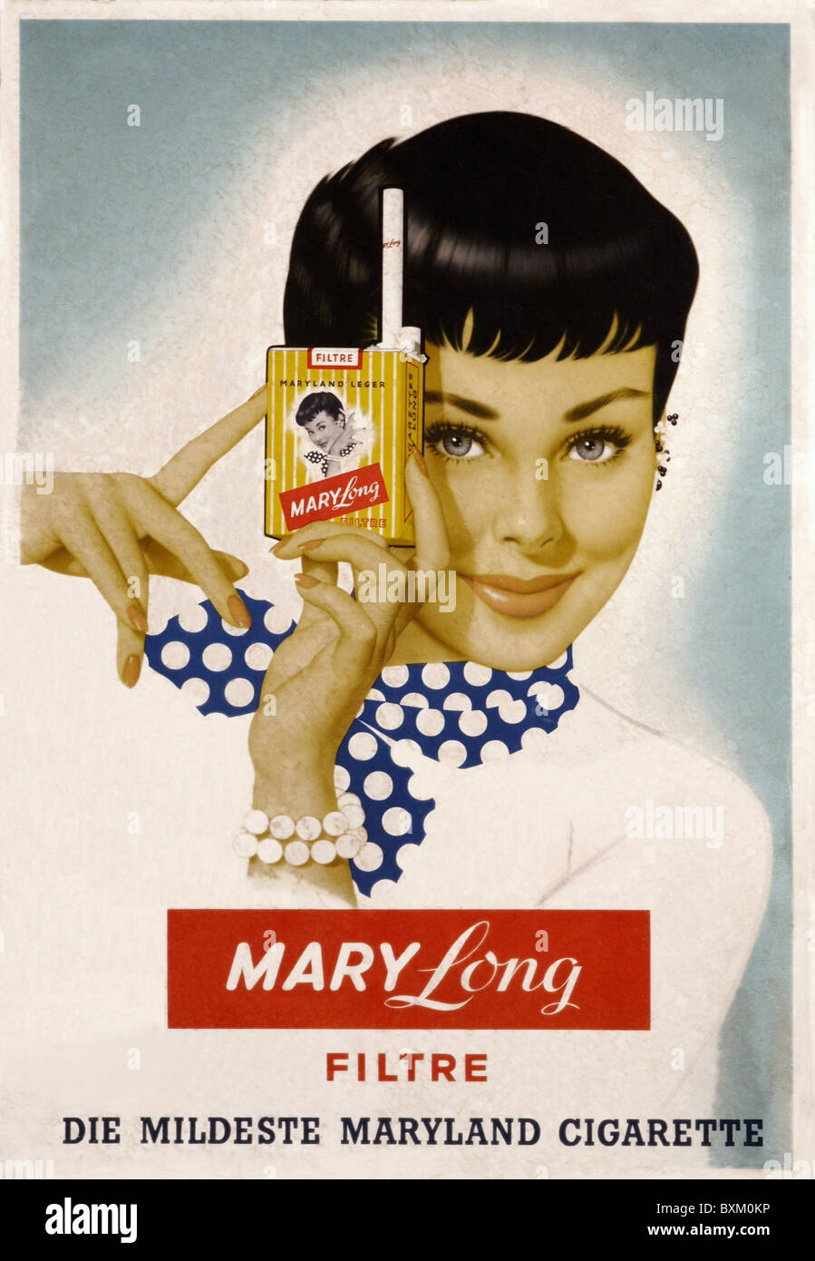 advertising, tobacco, filter tipped cigarette, Mary Long, woman with cigarette packet, Germany, circa 1956, Additional-Rights-Clearences-Not Available Stock Photo