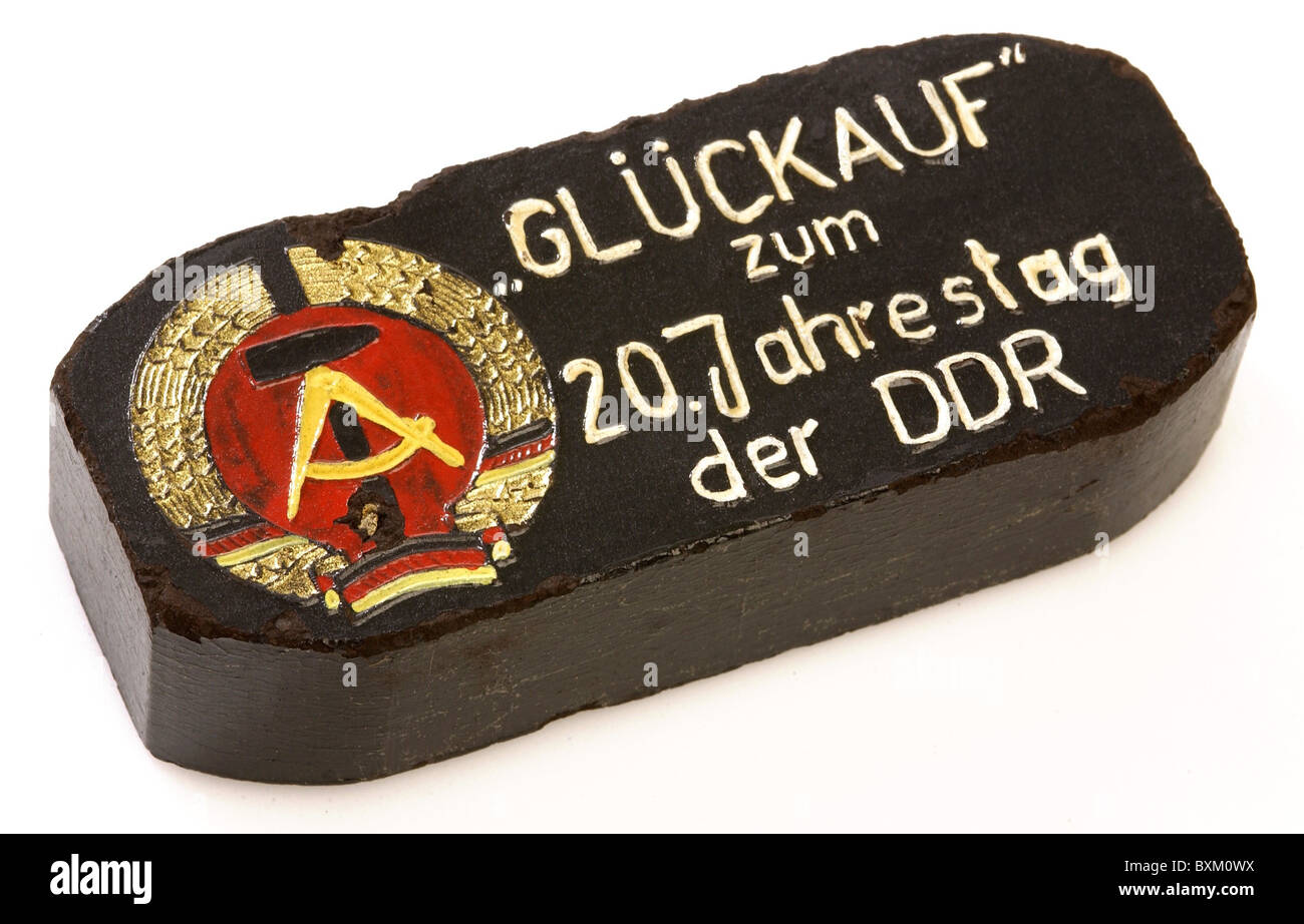 mining, coal mining, brown coal briquet, decorated with the national emblem of the German Democratic Republic, on the occasion of the 20th anniversary of the GDR, 1969, Additional-Rights-Clearences-Not Available Stock Photo