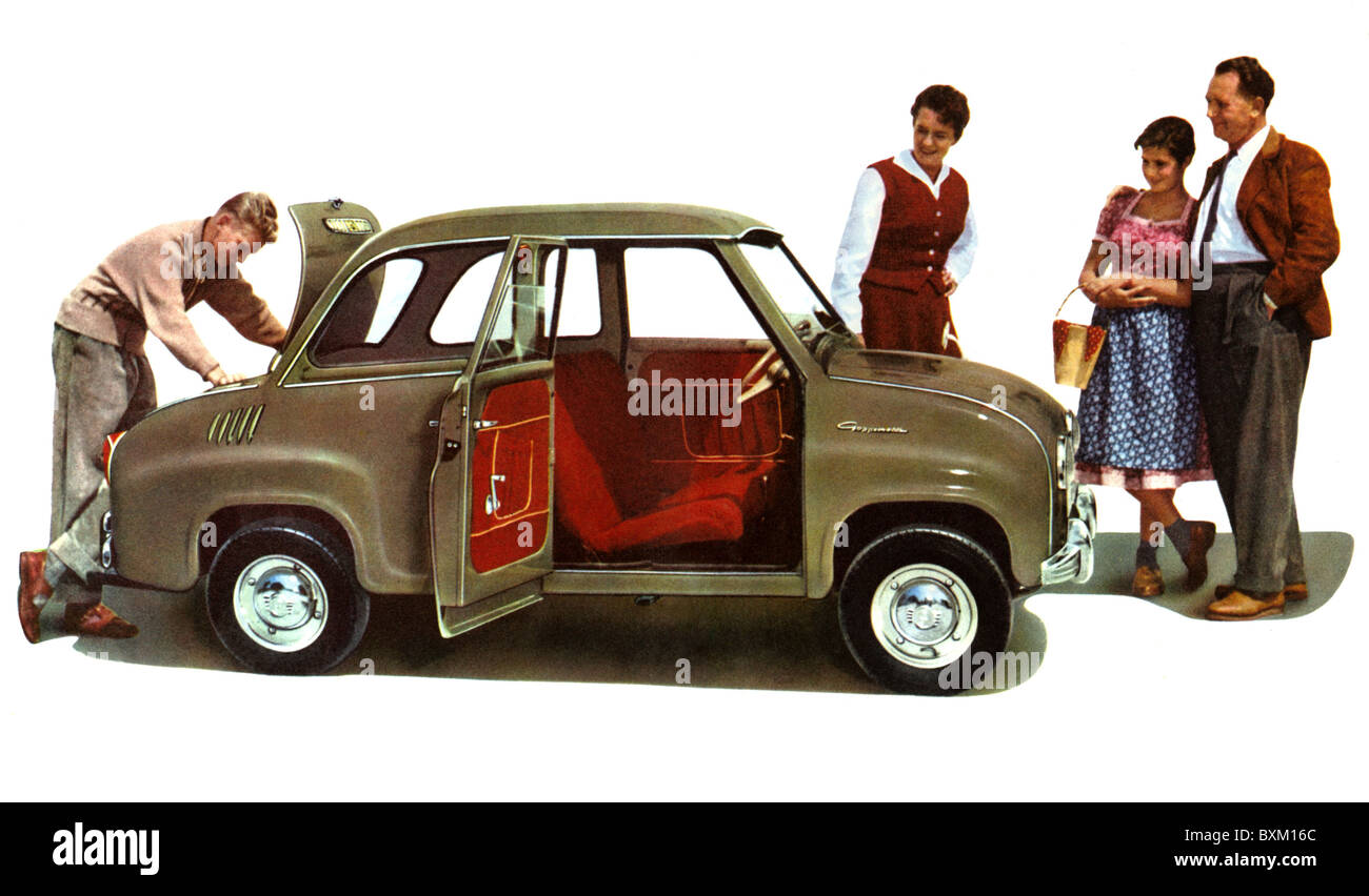 transport / transportation, car, vehicle variants, Goggomobil, limousine, Goggo T 400, family buying a car, Germany, 1957, 1950s, 50s, 20th century, historic, historical, German, small car, four-seater, four-seaters, car, cars, two-cylinder engine, two-cylinder engines, Made in Germany, economic miracle, economic miracles, clipping, cut out, cut-out, cut-outs, people, Additional-Rights-Clearences-Not Available Stock Photo