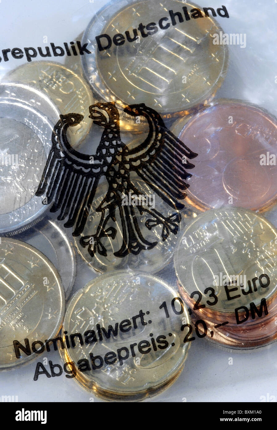 money / finance, coins, starter kit with German Euro coins, Central Bank and Central Federal State Bank as souvenir in polythene sheet, 20 Deutsche Mark for privat costumers, 2002, Additional-Rights-Clearences-Not Available Stock Photo