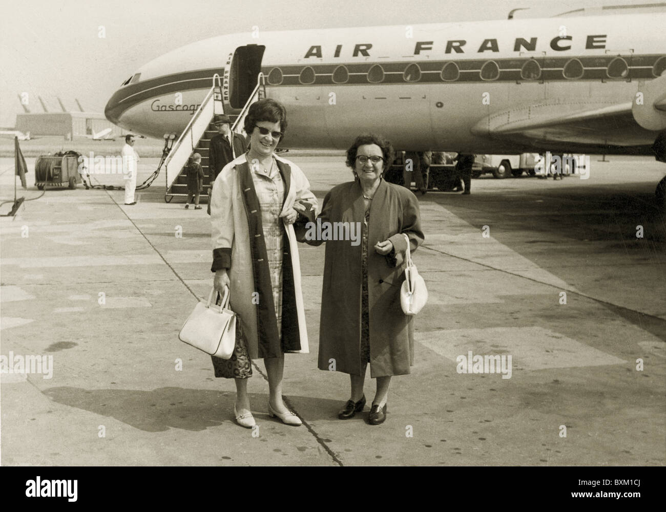 transport / transportation, aviation, passengers, two women standing on airfield in front of a airplane of the Air France airline, Germany, circa 1963, Additional-Rights-Clearences-Not Available Stock Photo