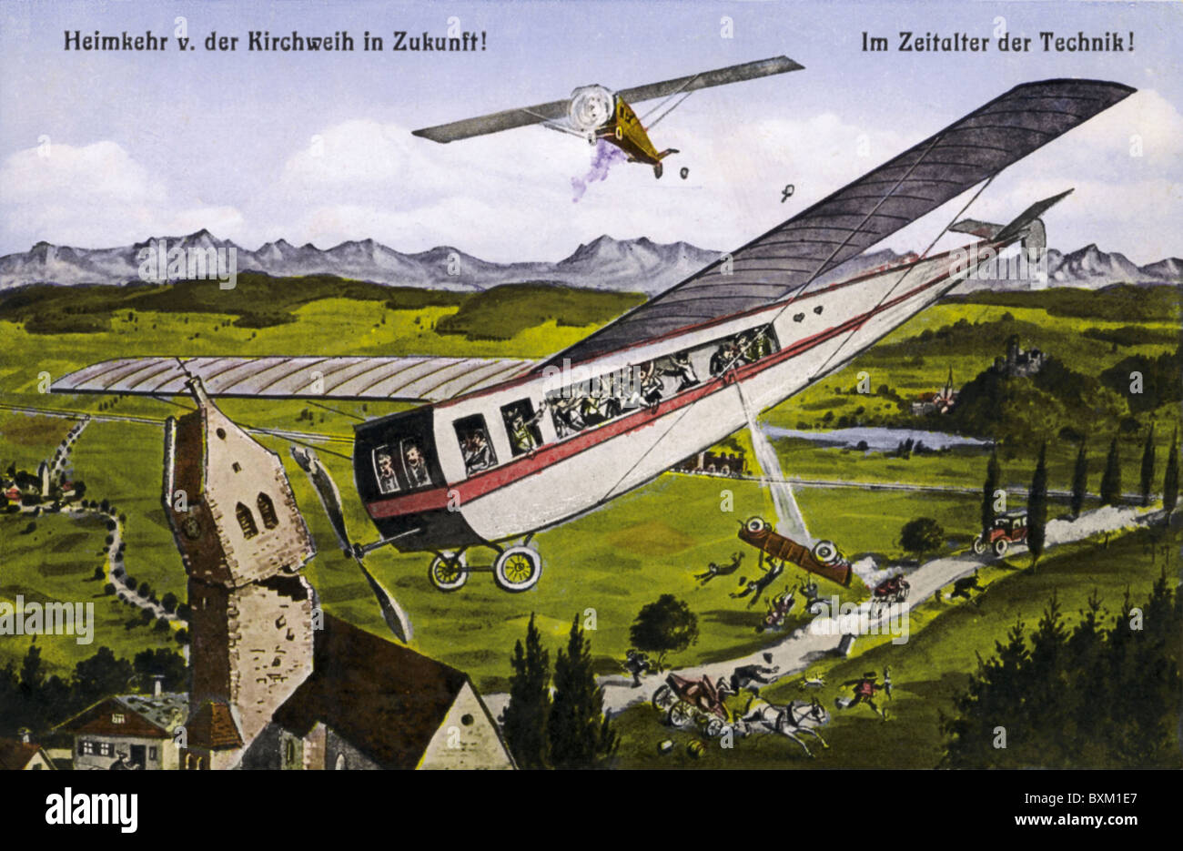 transport / transportation, aviation, science fiction, home coming visitors from parish fair flying against a steeple, Bavaria, Germany, 1929, Additional-Rights-Clearences-Not Available Stock Photo