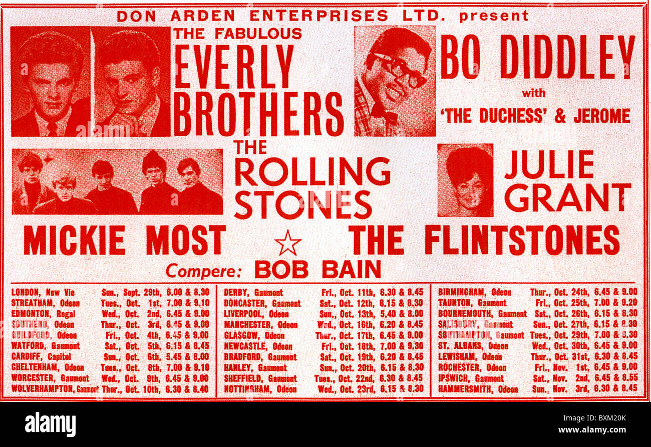 EVERLY BROTHERS  Poster for the 1963 UK tour including Bo Diddley, Rolling Stones, Julie Grant, Mickie Most and the Flinstones Stock Photo