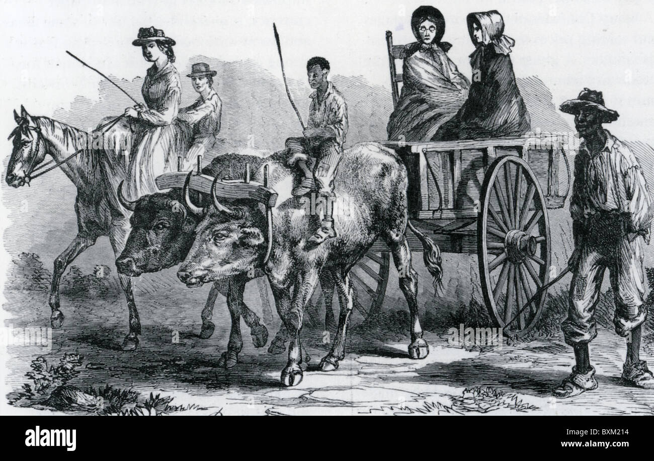 AMERICAN CIVILWAR Two slaves accompany four Confederate women supporters forced to beg food from a Union supply point Stock Photo