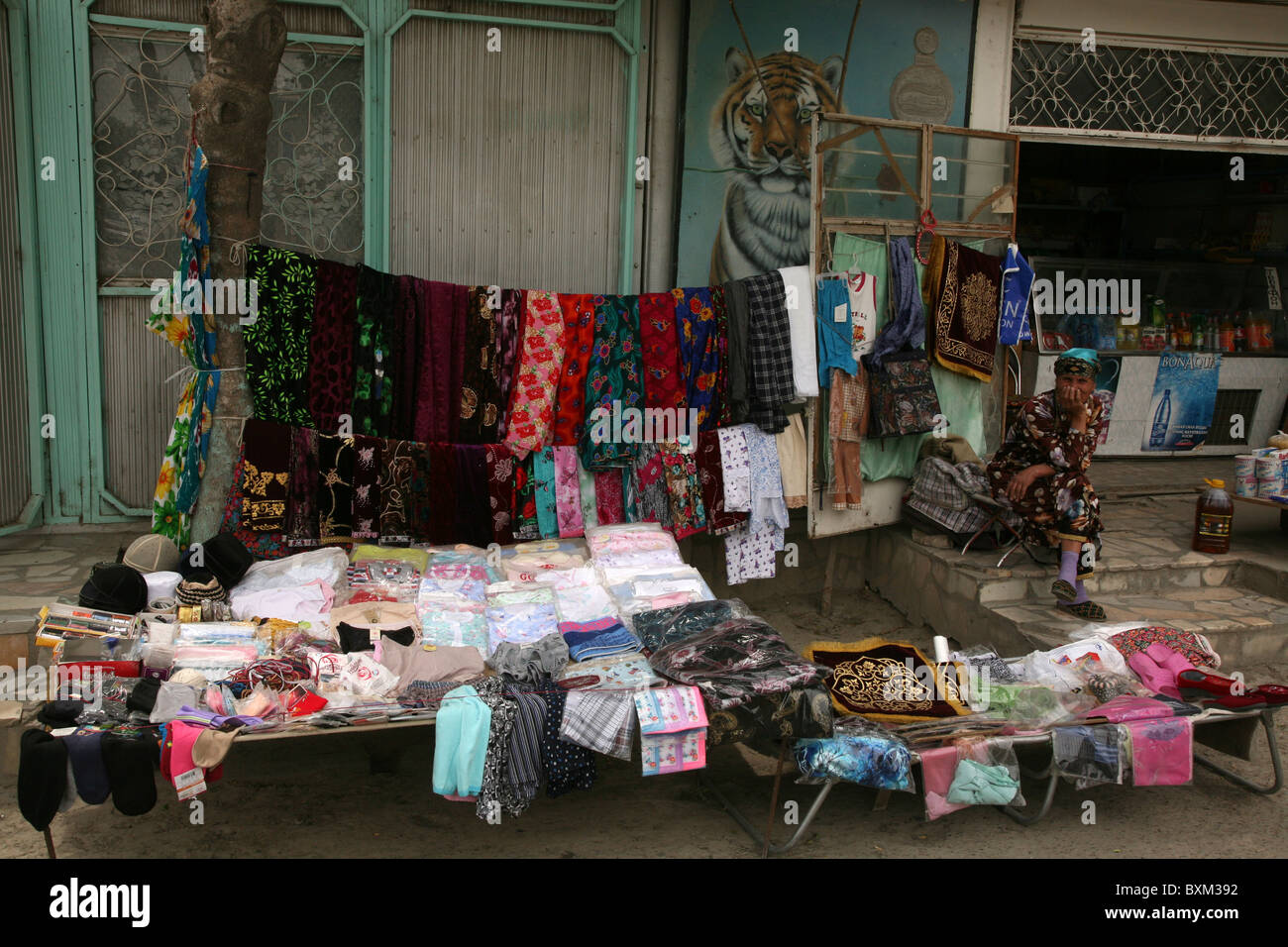Street clothes shop in Bukhara, Uzbekistan. Stock Photo