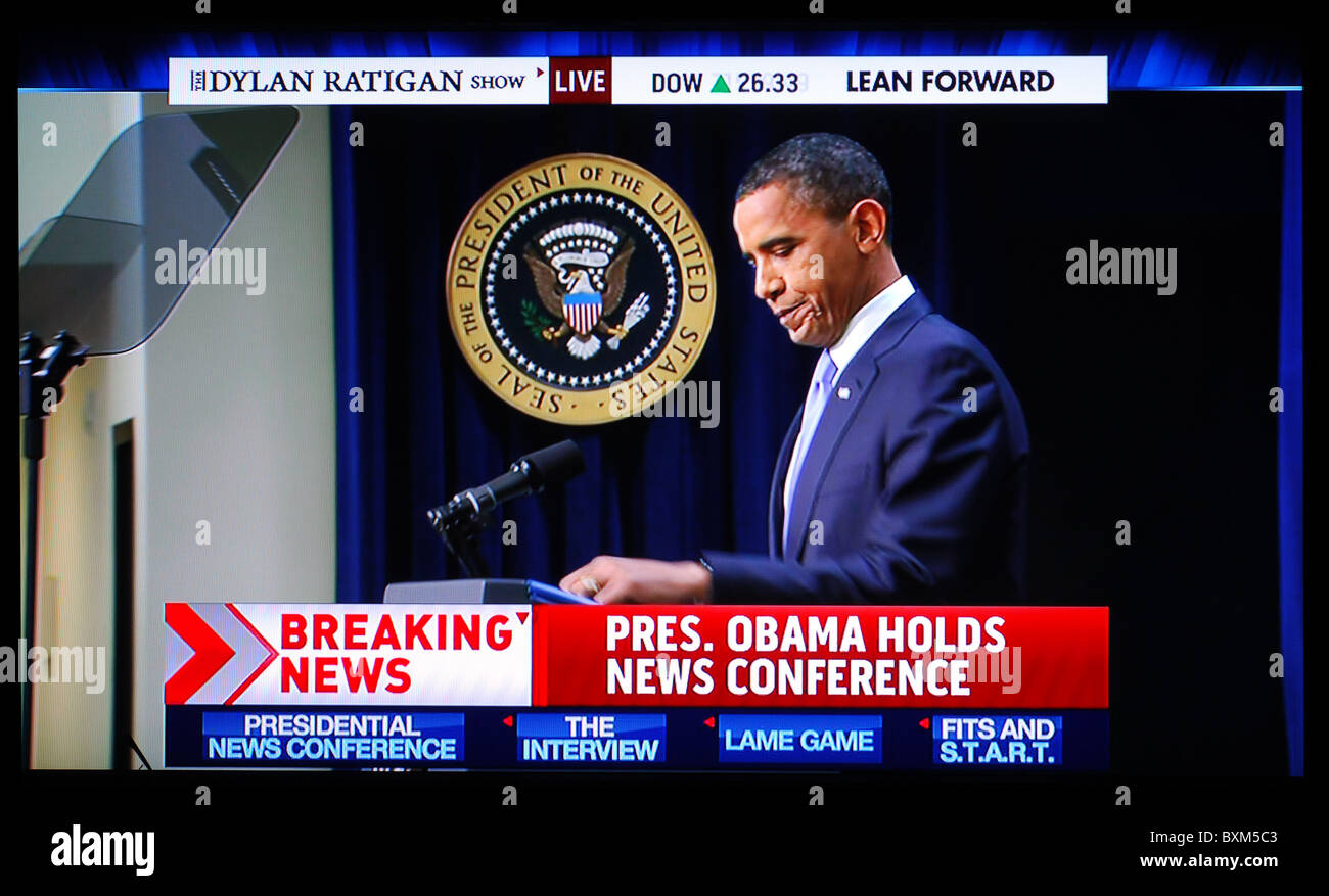 US President Barack Obama holding a live press conference on television Stock Photo
