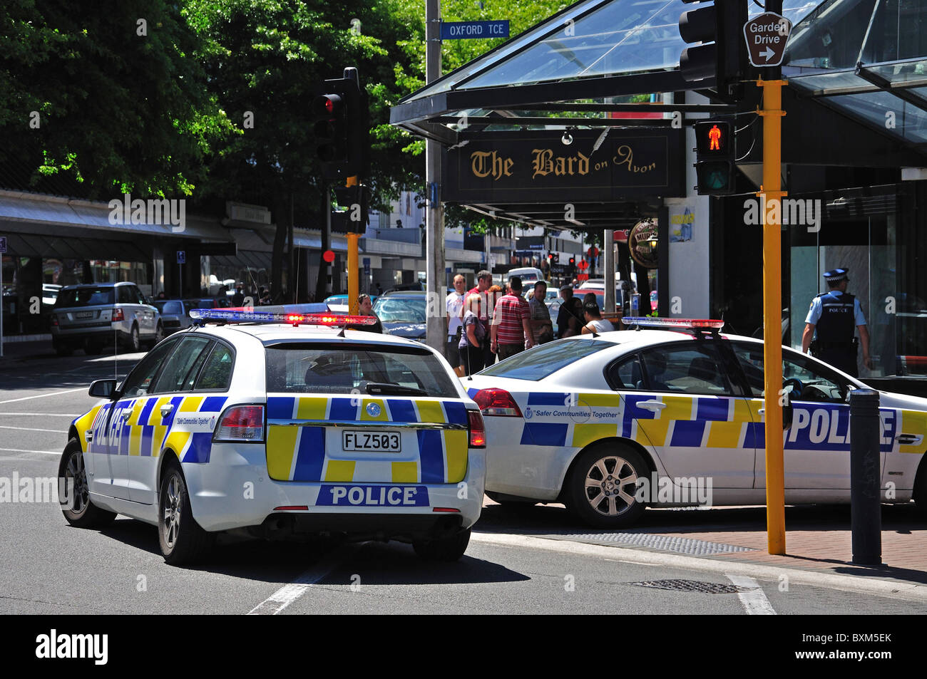 Police cars attending incident, Gloucester Street, Christchurch, Canterbury, South Island, New Zealand Stock Photo