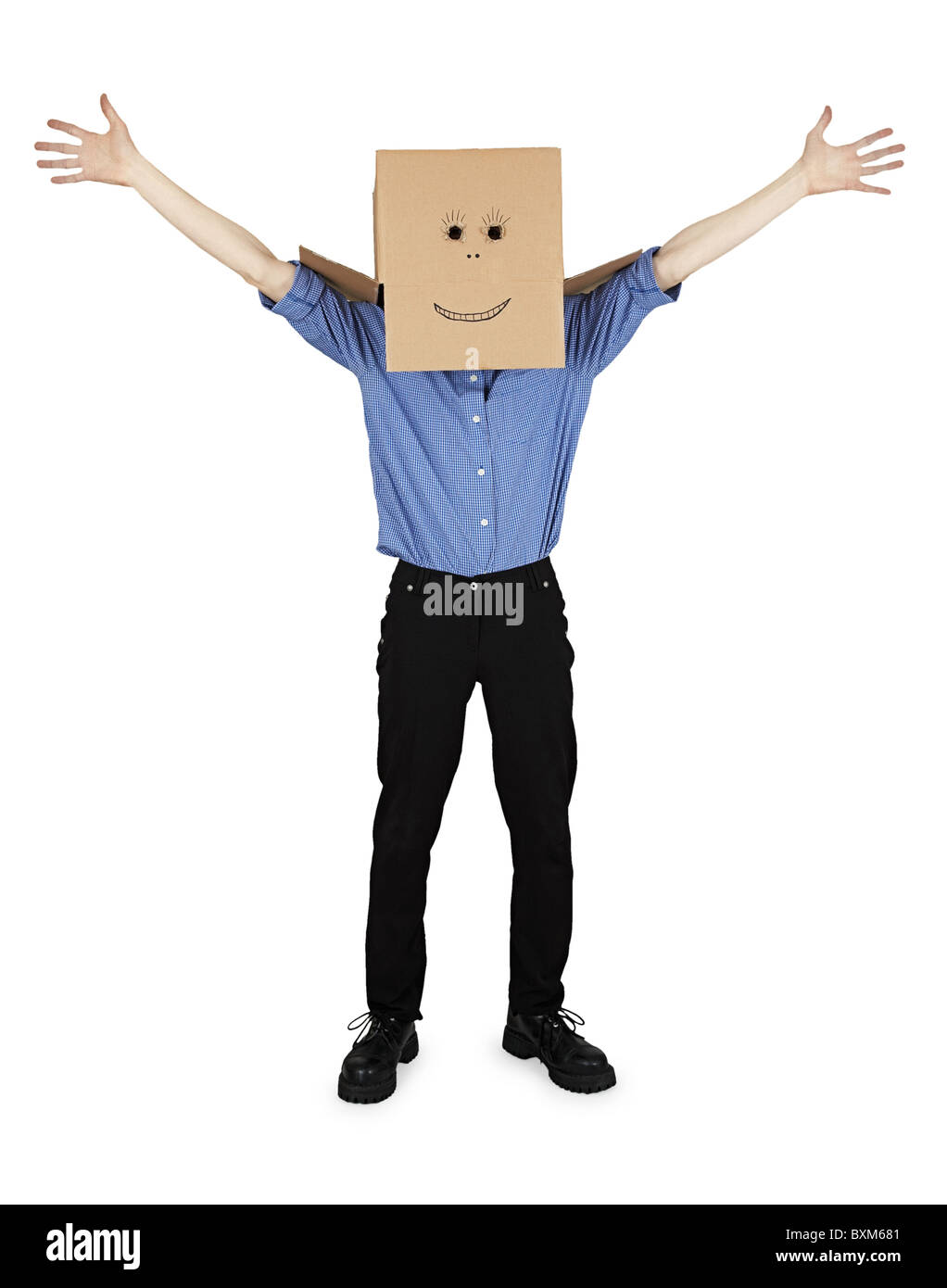 Funny man with a box on his head rejoices on a white background Stock Photo