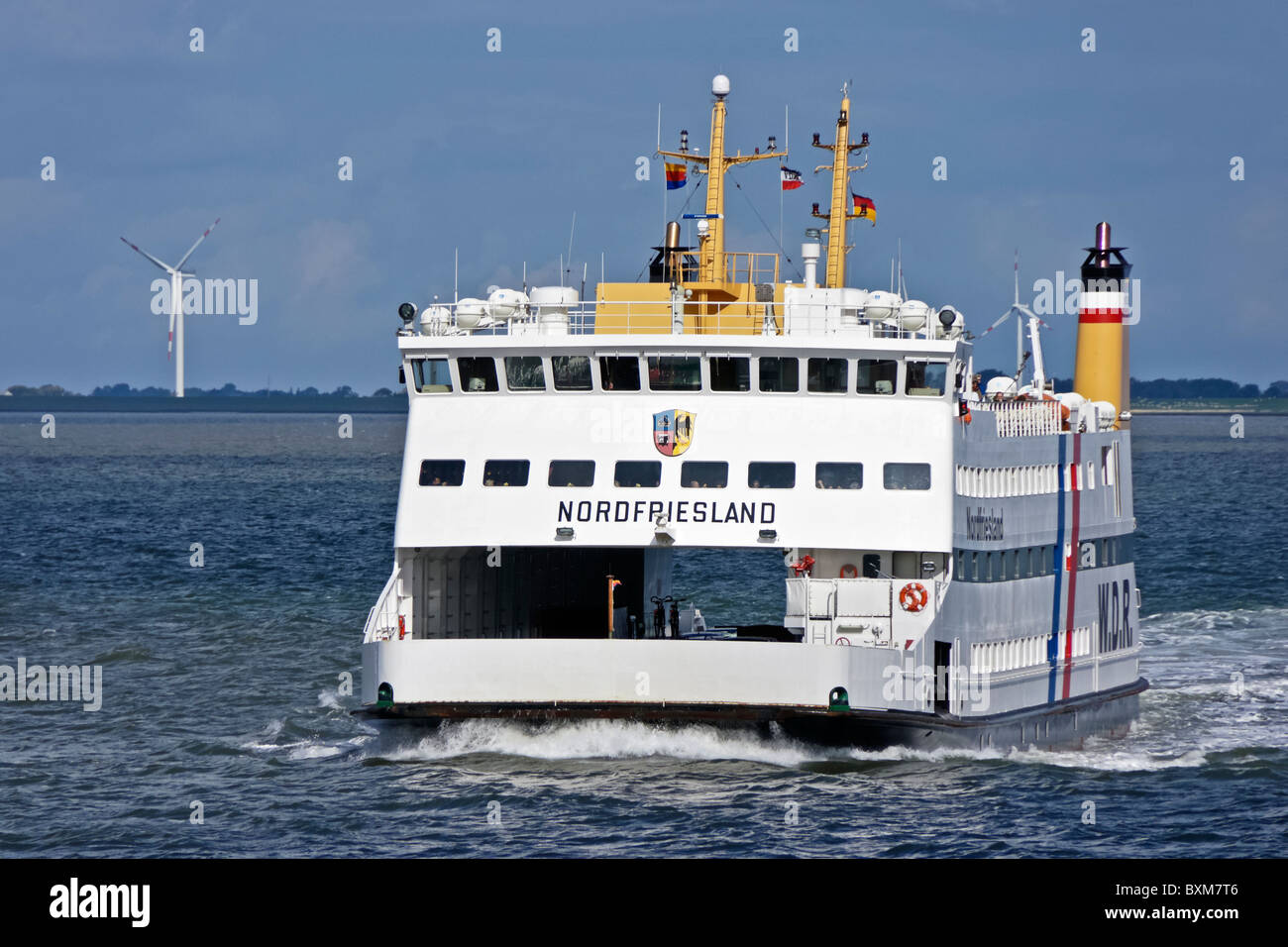Wyker Dampfschiffs Rederei passenger & car ferry Nordfriesland arriving at Dagebull on the west coast of Schleswig in Germany Stock Photo