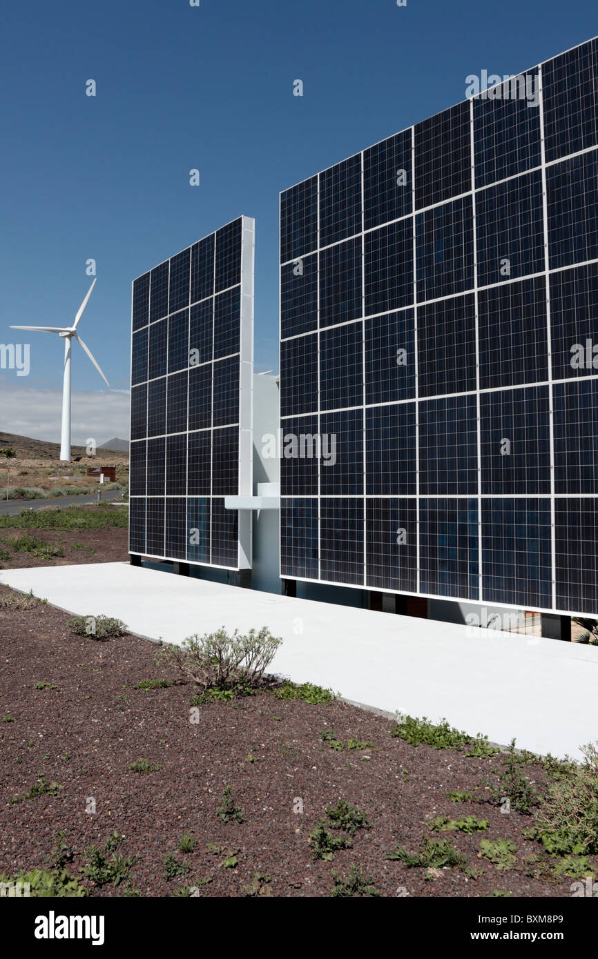 A solar panel wall at the ITER Bioclimatic village in the Parque Eolico in Granadilla Tenerife Canary Islands Spain Europe Stock Photo