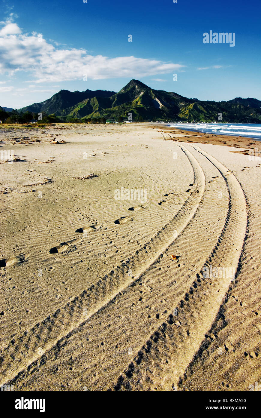 Tracks on a beach in Tokomaru bay, new zealand Stock Photo