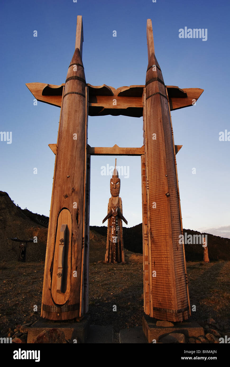 Maori wood carvings on top of Mt Hikurangi,East Cape,New Zealand Stock