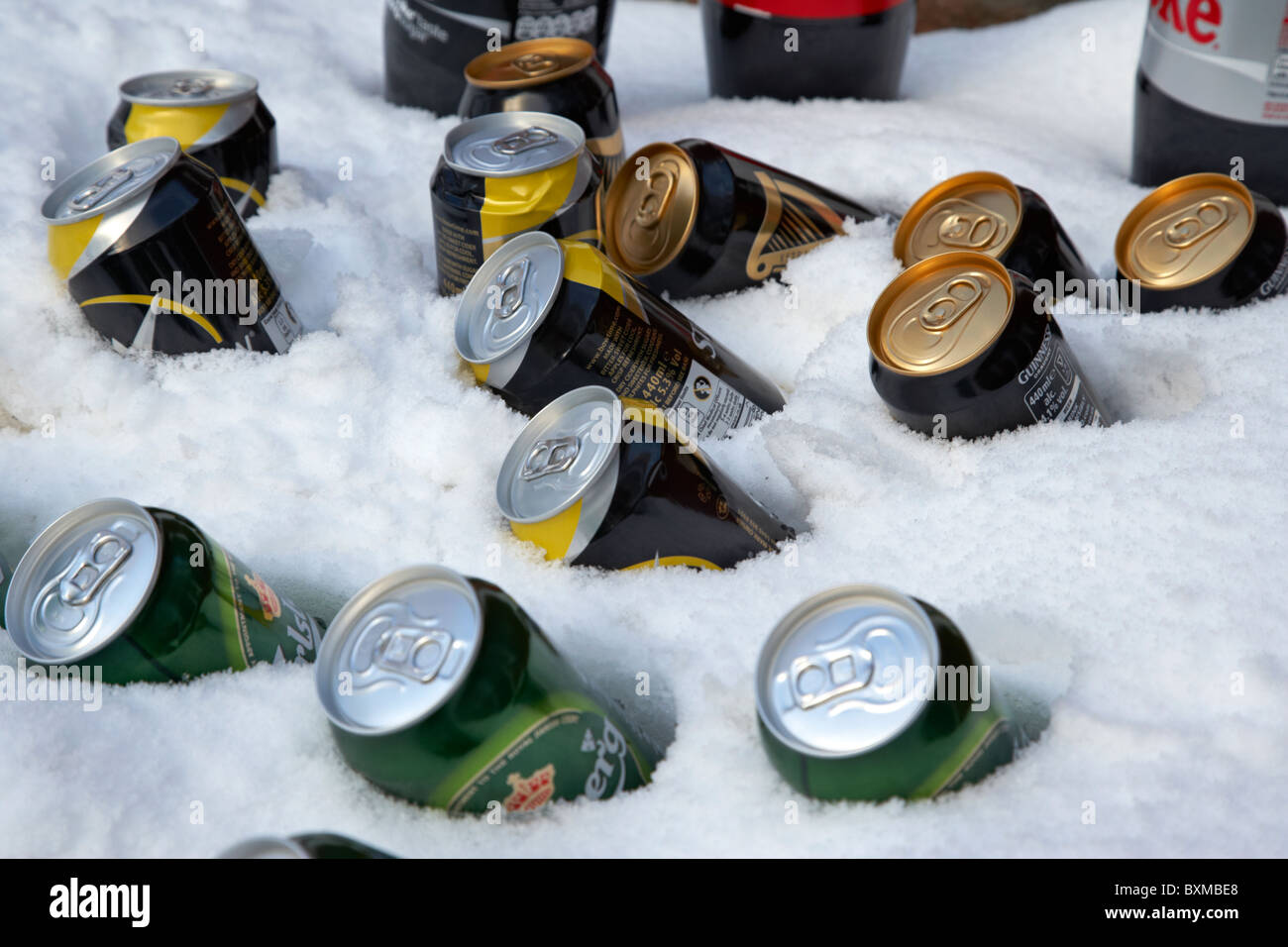beer soft drinks and alcohol cans buried in snow to keep them cool