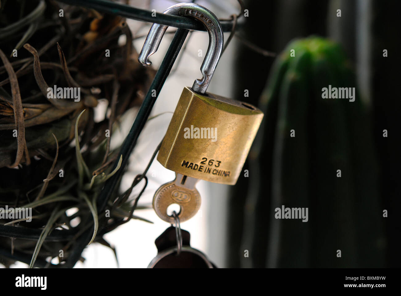 Padlock made at China, universal manufacture, almost everything in the world this done at Stock Photo