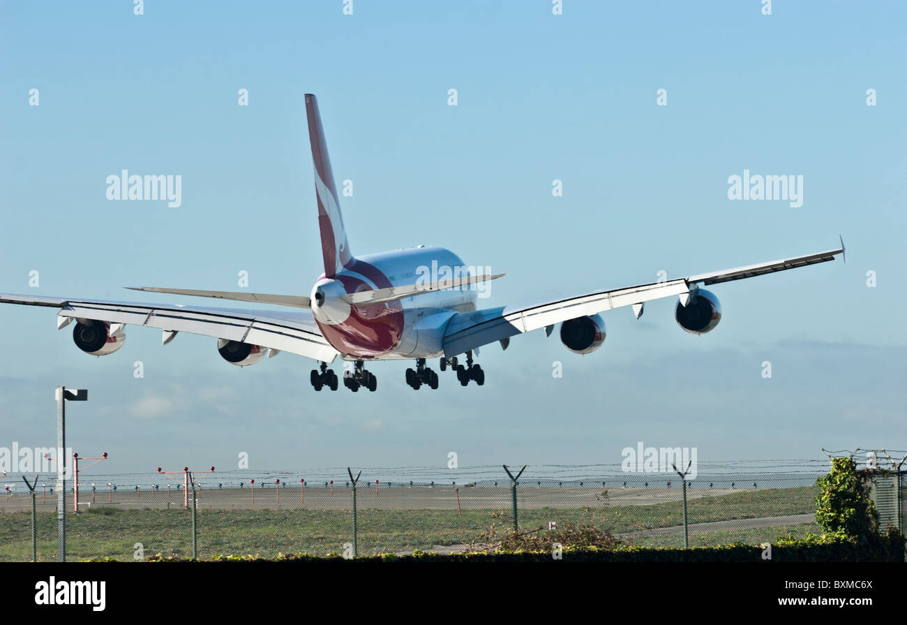 Airbus A380  landing on runway 24 at LAX in Los Angeles Stock Photo