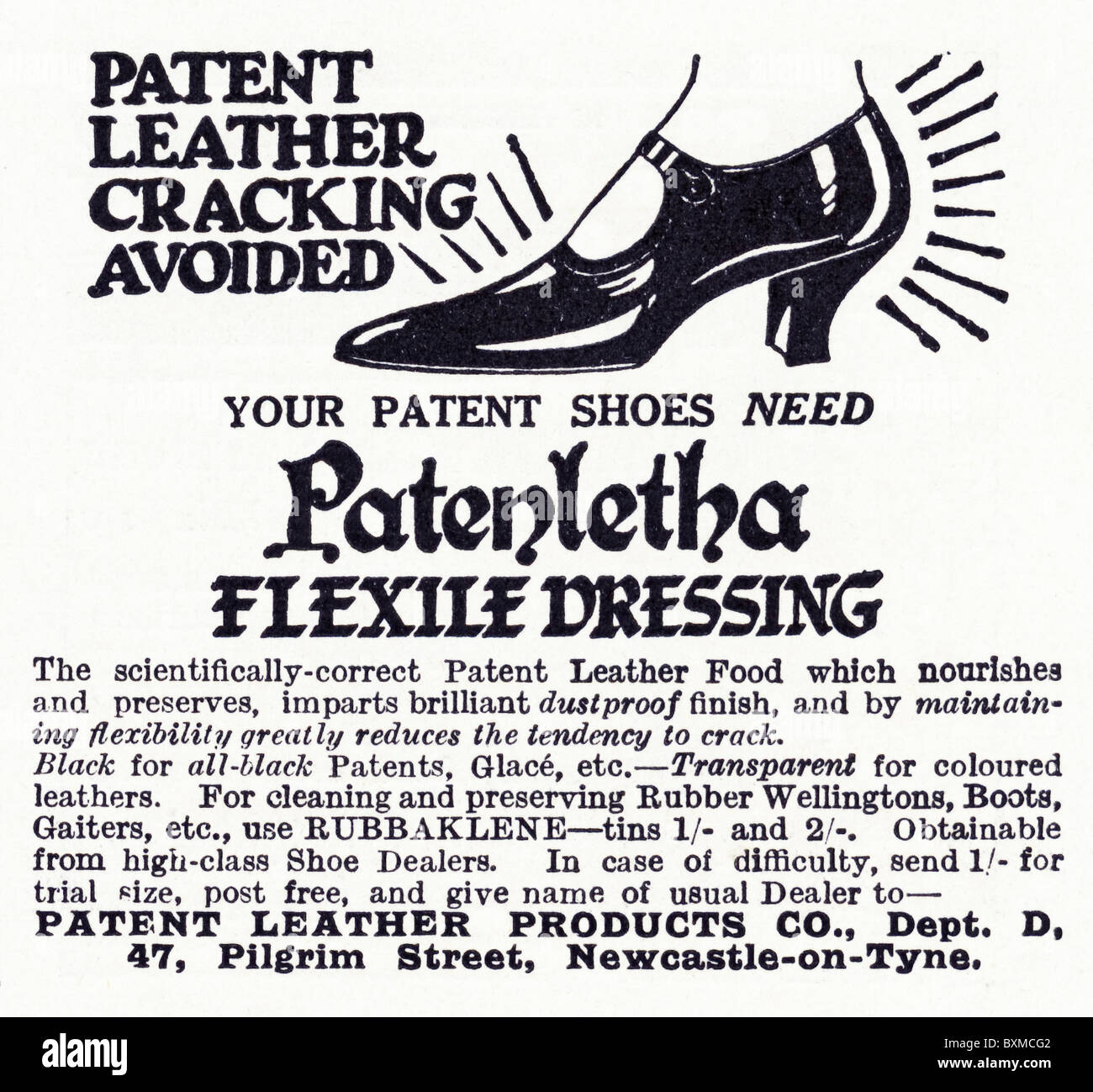 Small advertisement for patent leather cleaning products in women's magazine circa 1929 Stock Photo