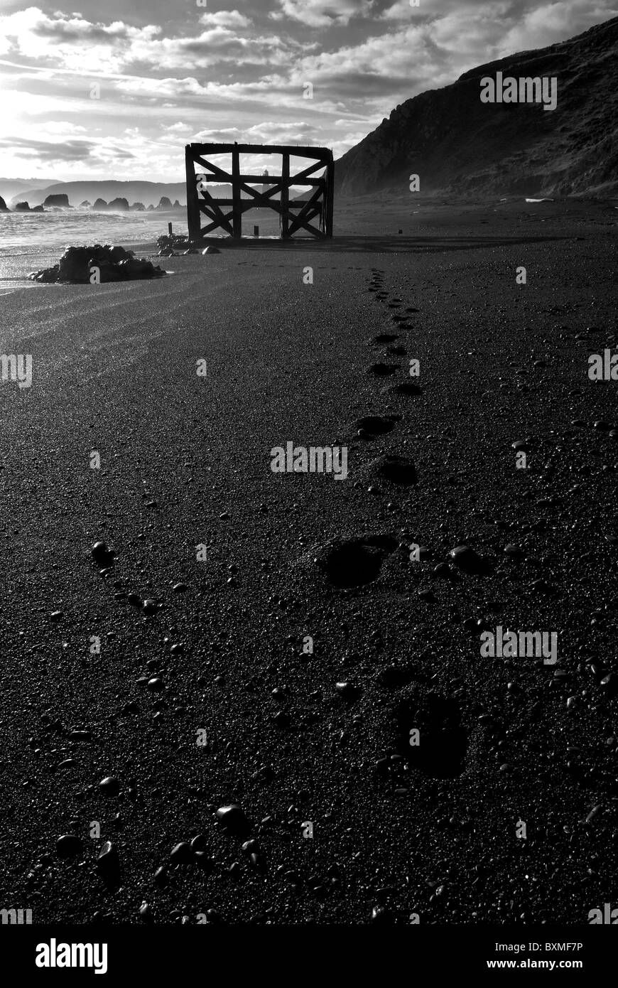 footsteps in the sand leading to derelict boathouse at pencarrow head, wellington, new zealand Stock Photo